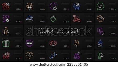 Set of Heart, Event click and Balloon dart line icons. Include Puzzle, Bike, Ice cream milkshake icons. Discounts cart, Gift box, Ice creams web elements. Sleep, Be true, Smile chat. Vector