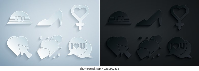 Set Heart, Female gender symbol, and cursor click, Speech bubble with I love you, Woman shoe and Elegant women hat icon. Vector