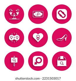 Set Heart with female, Male gender, Female vote right, Woman shoe, Feminist activist, Gender equality, Sanitary napkin and  icon. Vector