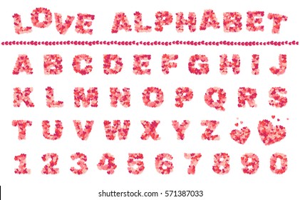 Set of heart filled letters, vector Love alphabet for Valentine's Day