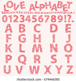 Set of heart filled letters, vector love alphabet for Valentine's Day. Heart shape pink and red confetti vector frame.
