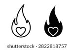 A set of heart in fire icons representing passionate love, romance, and burning desire in a minimalist style.