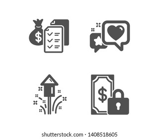 Set of Heart, Fireworks and Accounting wealth icons. Private payment sign. Star rating, Christmas pyrotechnic, Audit report. Secure finance.  Classic design heart icon. Flat design. Vector