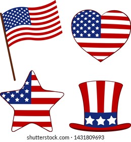 Set heart, a flag, a hat and a star painted in the American flag. Independence day USA