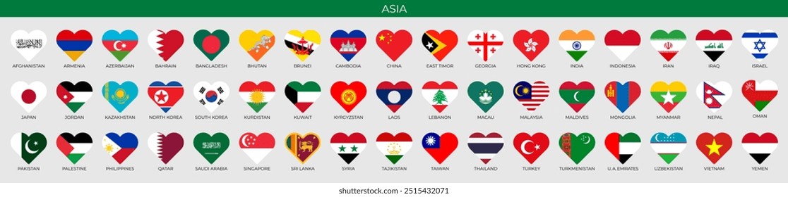 Set of heart flags of Asian countries. Patriotic symbol. Vector illustration	