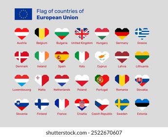 Conjunto de banderas del corazón de los países de la Unión Europea. Incluyendo Austria, Bélgica, Bulgaria, Reino Unido, Hungría, Alemania, Grecia, Dinamarca, Irlanda, España, Italia, Francia, Croacia, Suecia, Finlandia, Polonia