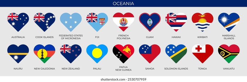 Conjunto de banderas del corazón de los países de Oceanía. Símbolo patriótico. Ilustración vectorial