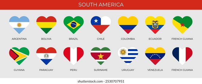 Conjunto de banderas de corazón de países sudamericanos. Símbolo patriótico. Ilustración vectorial