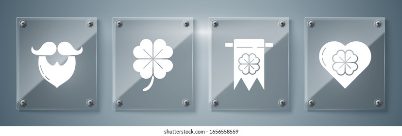 Set Heart with four leaf clover, Four leaf clover and party pennant, Four leaf clover and Mustache and beard. Square glass panels. Vector