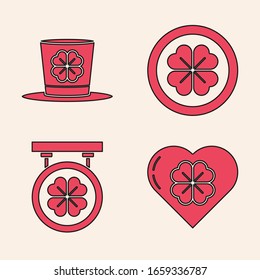 Set Heart with four leaf clover, Leprechaun hat and four leaf clover, Gold coin with four leaf clover and Street signboard with four leaf clover icon. Vector