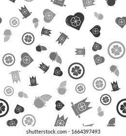 Set Heart with four leaf clover, Four leaf clover and party pennant, Gold coin with four leaf clover and Witch cauldron and rainbow on seamless pattern. Vector