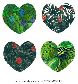 set heart frame with tropical leaves. Jungle background. Hand draw watercolor vector illustration