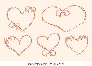 Set of heart frames with bows. Hand drawn romantic doodle design