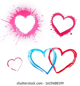 set of heart frames made of paint splatters, blots and stains