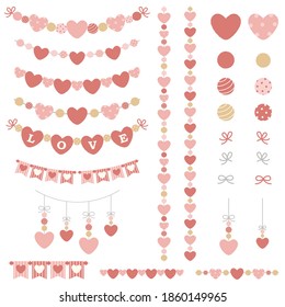 Set of heart garland, borders, and elements. Pastel pink heart design elements for Valentine's Day, wedding, baby shower, nursery, birthday party, etc. Flat vector illustration.