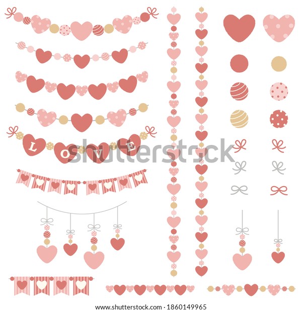 Set of\
heart garland, borders, and elements. Pastel pink heart design\
elements for Valentine\'s Day, wedding, baby shower, nursery,\
birthday party, etc. Flat vector\
illustration.