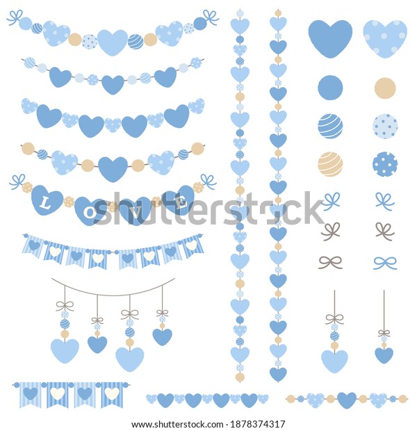 Set of\
heart garland, borders, and elements. Pastel blue heart design\
elements for Valentine\'s Day, wedding, baby shower, nursery,\
birthday party, etc. Flat vector\
illustration.