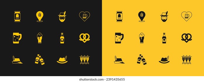 Set Heart with glass of beer, Beer bottle, Oktoberfest hat, Glass, man, can and Wheat icon. Vector