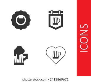 Set Heart with glass of beer, Bottle opener, Wooden mug and Street signboard icon. Vector