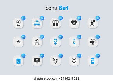 Set Heart, Glass of champagne, Bedroom, Greeting card with 8 March, Perfume, Woman shoe and Female gender symbol icon. Vector