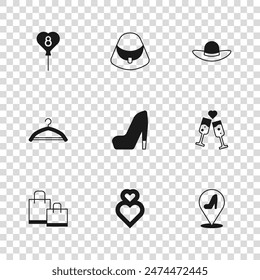 Set Heart, Glass of champagne, Woman shoe, Elegant women hat, Balloons with 8 March, Handbag and Hanger wardrobe icon. Vector