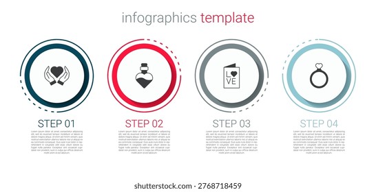 Set Heart in hand, Bottle with love potion, Valentines day party flyer and Wedding rings. Business infographic template. Vector