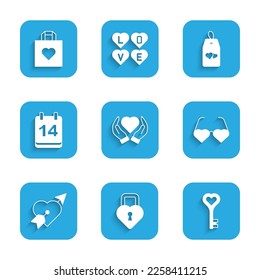 Set Heart in hand, Castle the shape of heart, Key, shaped love glasses, Amour with arrow, Calendar February 14, Please do not disturb and Shopping bag icon. Vector