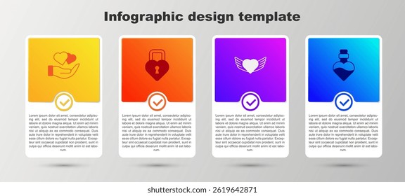 Set Heart in hand, Castle the shape of heart, with wings and Bottle love potion. Business infographic template. Vector