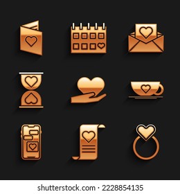 Set Heart in hand, Envelope with Valentine heart, Wedding rings, Coffee cup, Mobile, the center hourglass, and Valentines day flyer icon. Vector