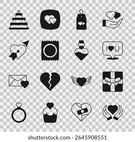Set Heart in hand, Gift box, Speech bubble text I love you, Please do not disturb with heart, Condom package, Amour arrow, Wedding cake and Bottle potion icon. Vector