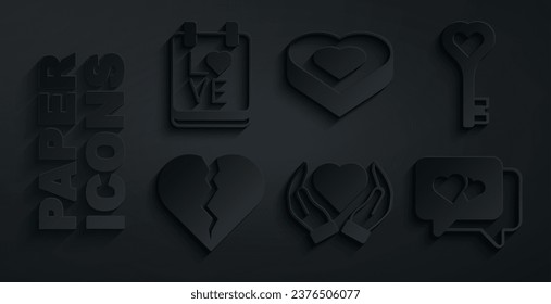 Set Heart in hand, Key heart shape, Broken or divorce, speech bubble, Candy shaped box and Calendar with February 14 icon. Vector