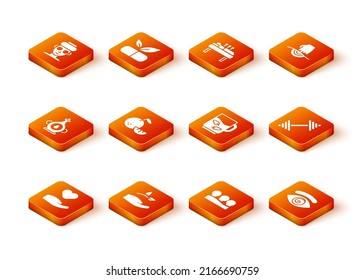 Set Heart in hand, Leaf, Oil bottle, Citrus fruit, Vacuum cans, Cup of tea leaf, Hypnosis and Dumbbell icon. Vector