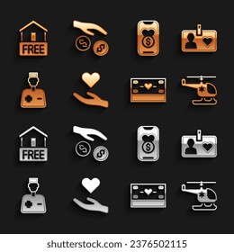 Set Heart in hand, Volunteer id card or badge, Rescue helicopter, Donation charity, Male doctor, Free home delivery and  icon. Vector