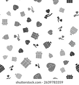 Set Heart in hand, , Wedding cake with heart and Gift box on seamless pattern. Vector