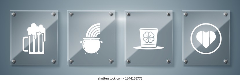 Set Heart and Happy Saint Patrick day, Leprechaun hat and four leaf clover, Witch cauldron and rainbow and Wooden beer mug. Square glass panels. Vector