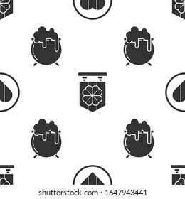 Set Heart and Happy Saint Patrick day, Street signboard with four leaf clover and Witch cauldron on seamless pattern. Vector