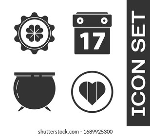 Set Heart and Happy Saint Patrick day, Bottle cap with four leaf clover, Witch cauldron and Saint Patrick's day with calendar icon. Vector