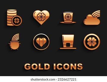 Set Heart and Happy Saint Patrick day, Rainbow with cloud, Gold coin four leaf clover, Leprechaun hat, Witch cauldron rainbow,  and  icon. Vector