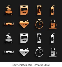 Set Heart heal, Spray can for hairspray, Cup of tea with tea bag, Stopwatch, Eye sleep mask, Bottle shampoo, Stack hot stones and Leaf document icon. Vector