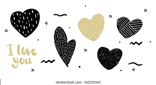 Set in the heart hipster style doodle. Hearts can be used as a print on the bag, T-shirt, in the banner.
