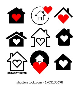 Set of heart with home shape designed as a logo or icon. This icons prepared for Coronavirus COVID-19. Icons shows messages ''Stay at home''. Vector illustration. Isolated on white background.