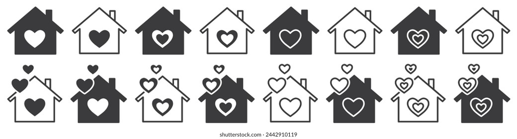 Set of heart in house icons. Love home symbol. Family, real estate, house with heart shape icons. Vector.