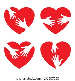 Set of heart icon with caring hands, vector illustration