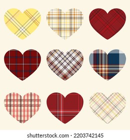 Set of heart icon. Checkered colored plaid seamless pattern. Flat style modern design Isolated on white background. Vector illustration.