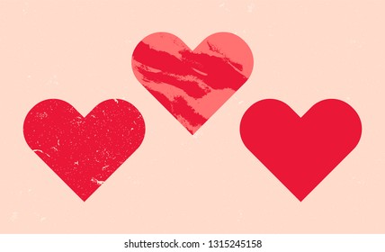 Set of heart icon in grunge texture. Silhouette of symbol in vintage style. Vector illustration