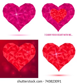 Set heart icon of pink crystals. Abstract triangles - polygons glass and paper heart isolated in white background. Vector illustration eps 10 