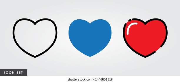 Set of heart icon vector, love symbol with unique outline and flat color.