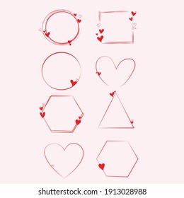 Juego de vectores de íconos cardíacos, símbolo de San Valentín y marco en forma de corazón