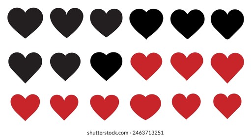 set of heart icons, black and red hearts on a white background, vector heart