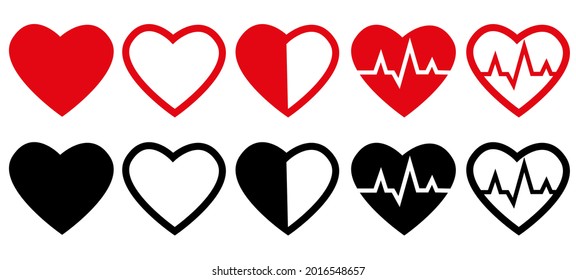 A set of heart icons. A collection of high-quality black and red contours for website and mobile app design. Suitable for Valentine's Day, Heart Day, medical topic and more.  Vector illustration .